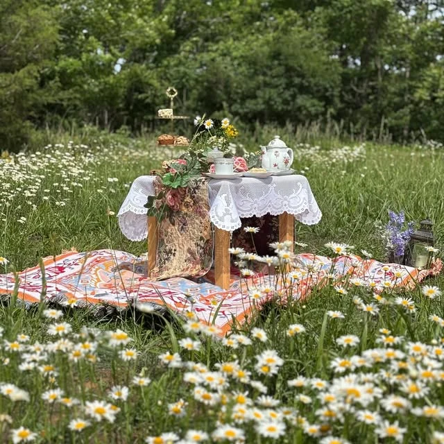 A low tea table set on a blanket among daisies in a meadow
